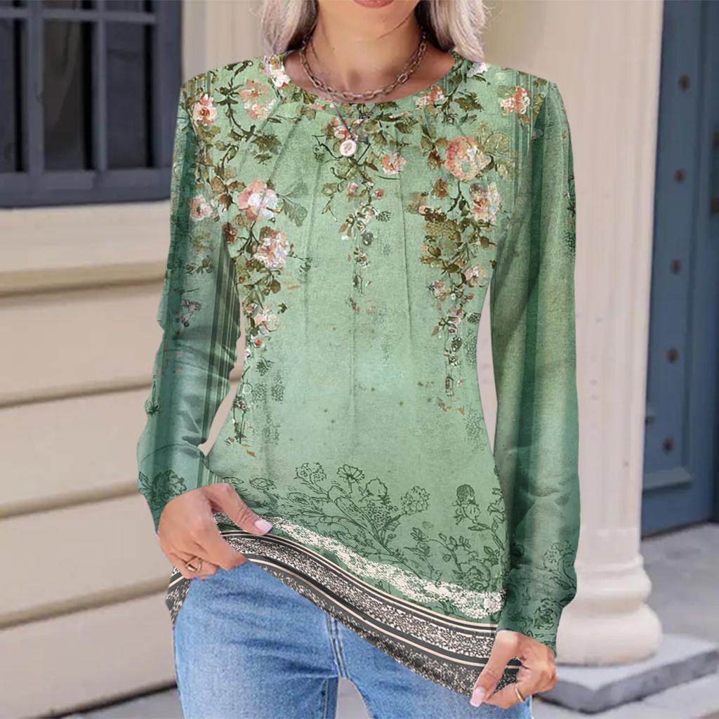 Women's Fashionable Casual Floral Retro Print Pleated Comfortable Round Neck Loose Long Sleeve T-shirt Top