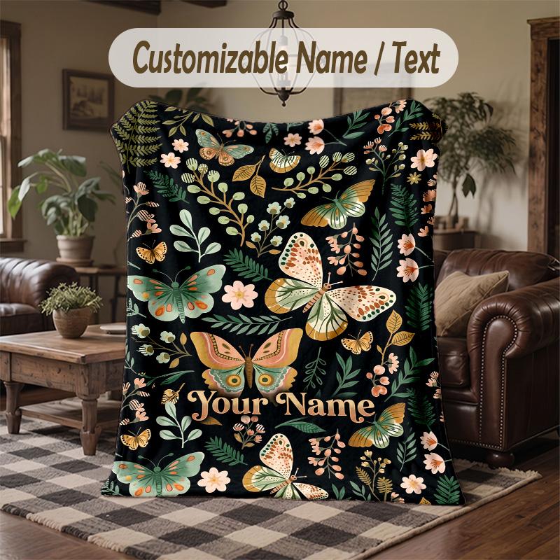 Butterflies Floral Elegance 4 Theme Throw Blanket Custom Name Text Personalized Blanket Soft Cozy Blanket for Home Sofa Bed