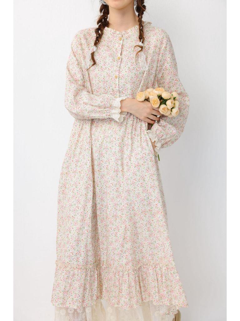 Spring Women's Mori Style Floral Cotton Linen Long Dress with Ruffle Patchwork