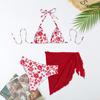 3-teiliges Badeanzug-Set Neckholder Brustpolster Bügelloser BH Badehose Transparenter Besatz Überwurf Rock Set Blumenprint Zweiteiliger Badeanzug