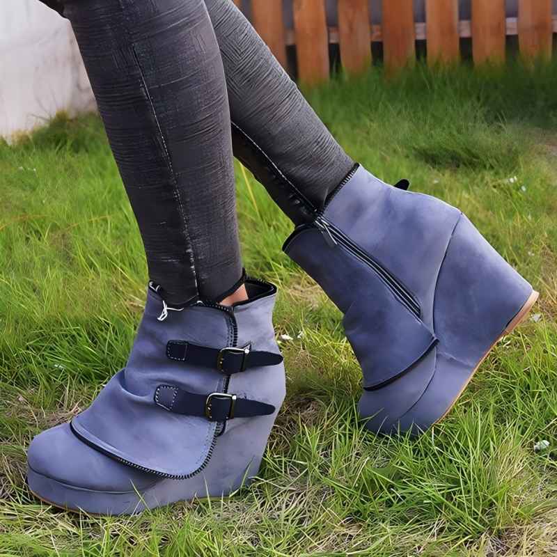 Fashion Women Warm Chunky Heeled Ankle Boots Fashion Retro Botas Mujer Suede Wedge Zipper Solid Color Round Toe Shoes Ladies Short Boots