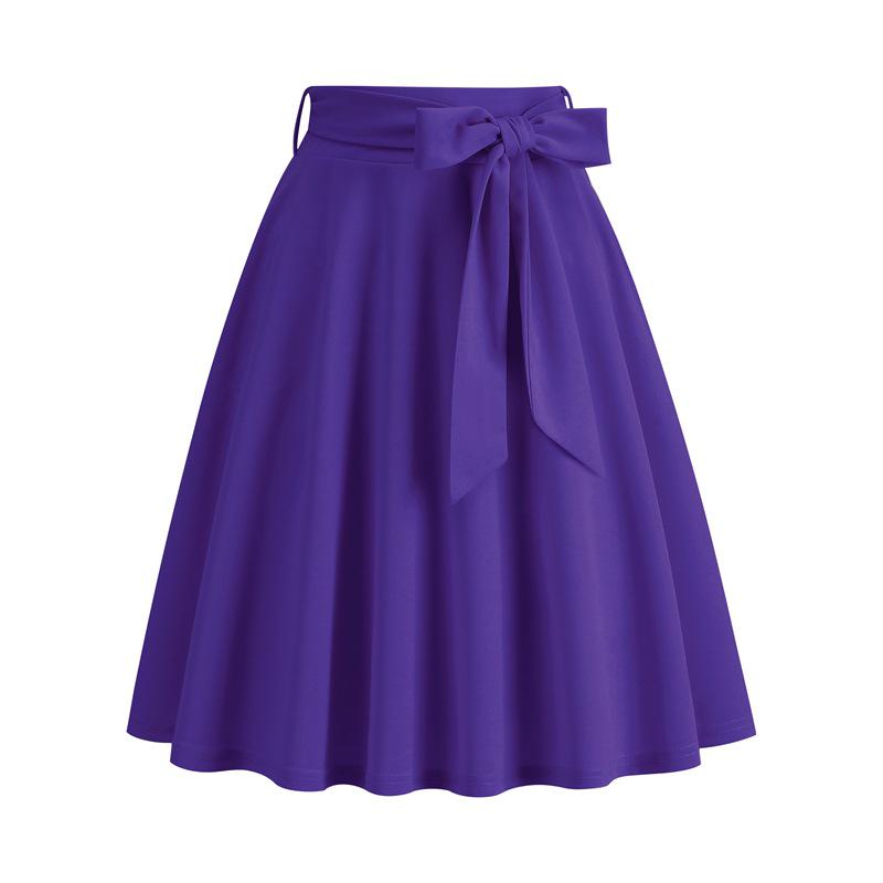 European & American Women's Retro Belted A-line Skirt with Hepburn Style Bow Pockets