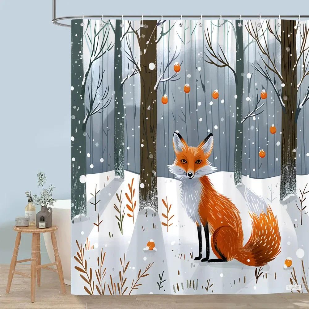 Cute Forest Animals Shower Curtain Winter Snow Fox Red Bird Deer Bear Rabbit Polyester Shower Curtains Bathroom Decor with Hooks