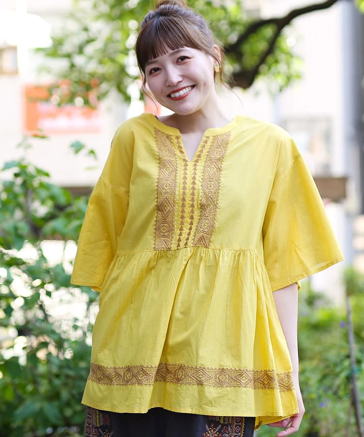 Titicaca Geometric Embroidered Indian Half Free NSICD142 Pullover, Women's, Cotton, Sleeves, Soft, Size, Mustard,