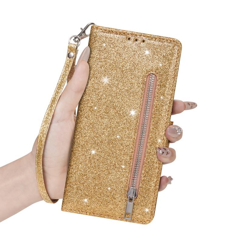 Glitter Zipper Leather Flip Wallet Case For iPhone 17 Pro Max Luxury Card Slots Phone Holder Cover For iPhone 16 15 14 Pro Max 13 12 11