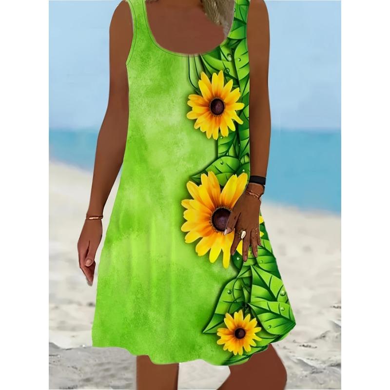 Women S Fashion Sleeveless round Neck Sunflower Print Dress M