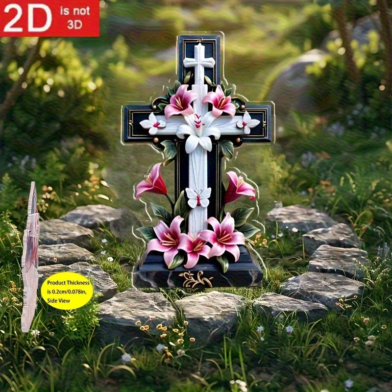 2D Flat Acrylic Lily Cross Memorial Garden Desktop Decorative Sign, Weather-Resistant Floral Grave Marker, Suitable for Wall Decoration, Porch, Room,