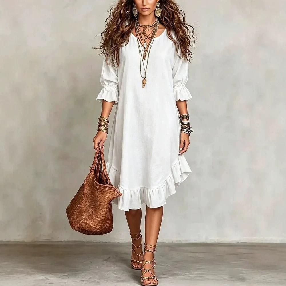 Vestido Casual Ligero de Verano para Mujer Holgado Cuello en V Manga Media Dobladillo con Volantes Longitud hasta la Rodilla Comodidad Vestido para el Día a Día