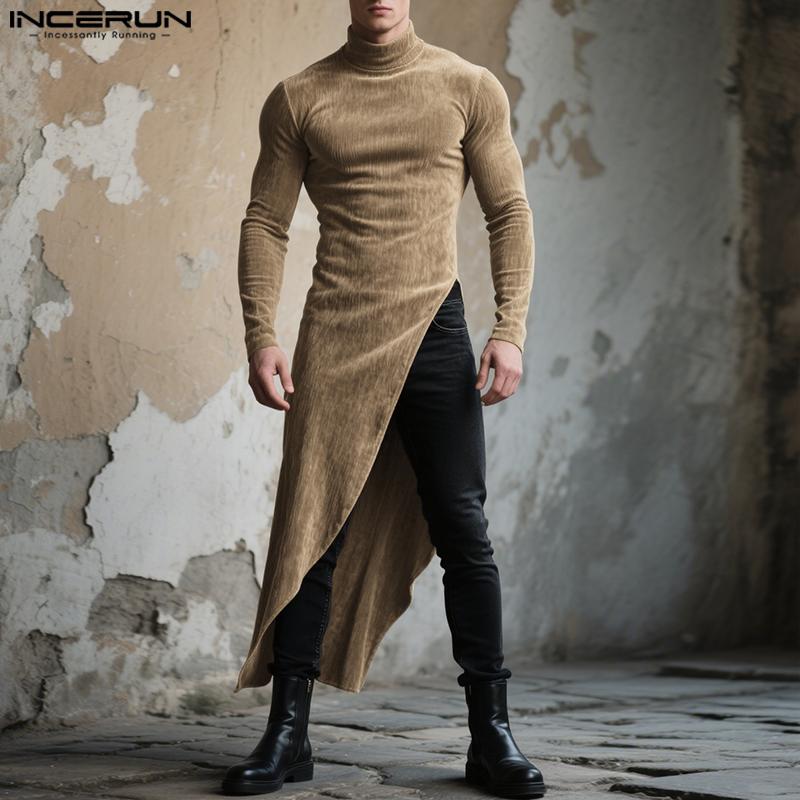 INCERUN Autunno Uomo Dolcevita Manica Lunga Spacchi Alti Tunica Top Pullover