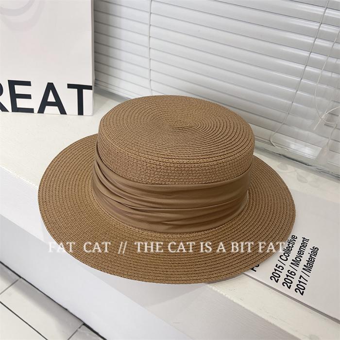 Folded ribbon flat top straw hat women's summer travel sun protection flat top hat vacation hat fashion versatile top hat