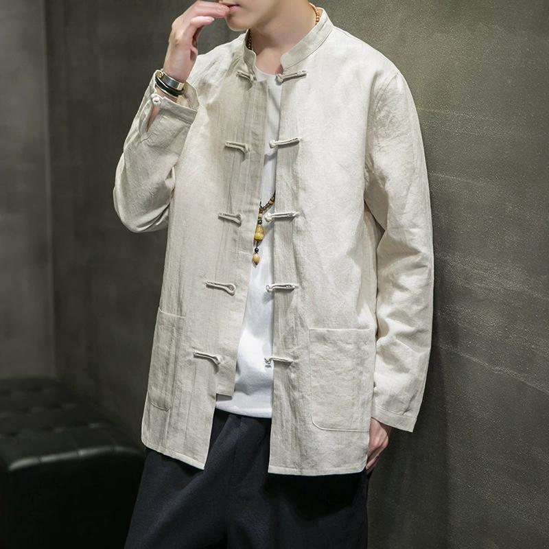 Chinese Shirt Man Cotton Linen Tang Suit Top Spring Autumn Long Sleeve Kung Fu Shirt Traditional Men Blouses