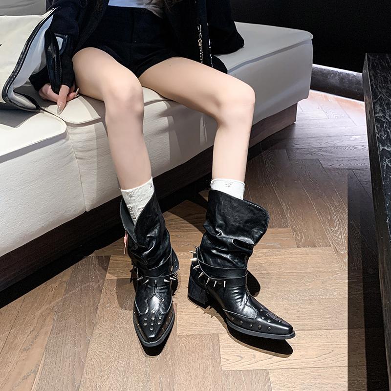 2025 Rivets Ankle Boots Belt Buckle Slip-On Leather Patchwork Fashion Elegant Comfortable Novelty Women Shoes Solid Color Boots