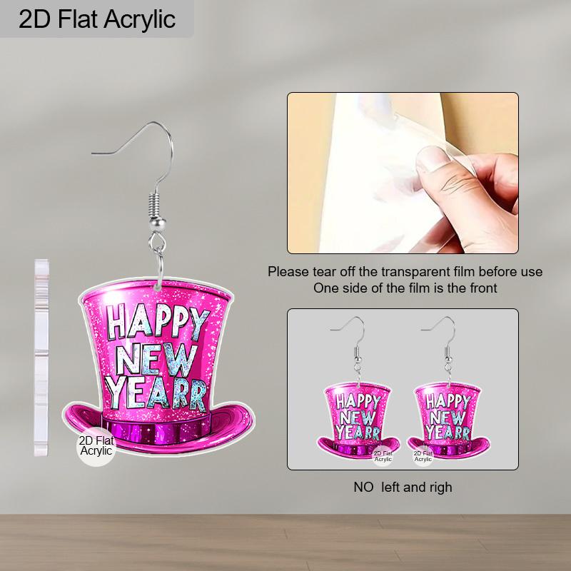 2D Flat Happy New Year Bowler Hat Dangle Earrings, Lightweight Acrylic Material, Ideal for Party Gifts, Jewelry, and New Year Gifts.