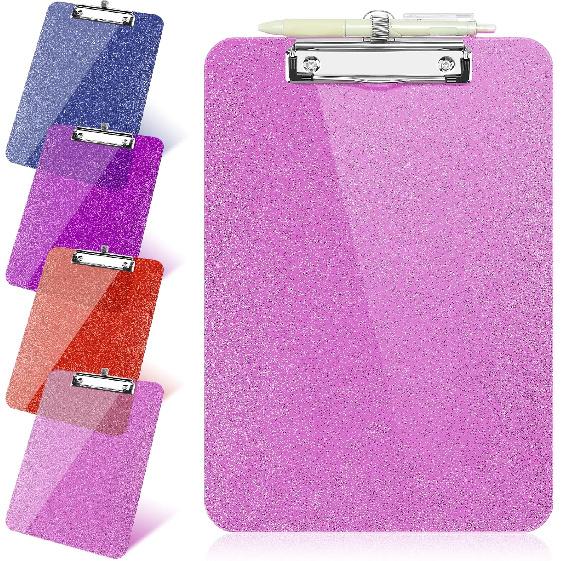 1 Pcs Clear Glitter Clipboards, Plastic Clipboard with Pen Holder, Size 8.85 x 12.4 in Shiny Clipboards with Low Profile Clip, Cute Hanging Clipboard