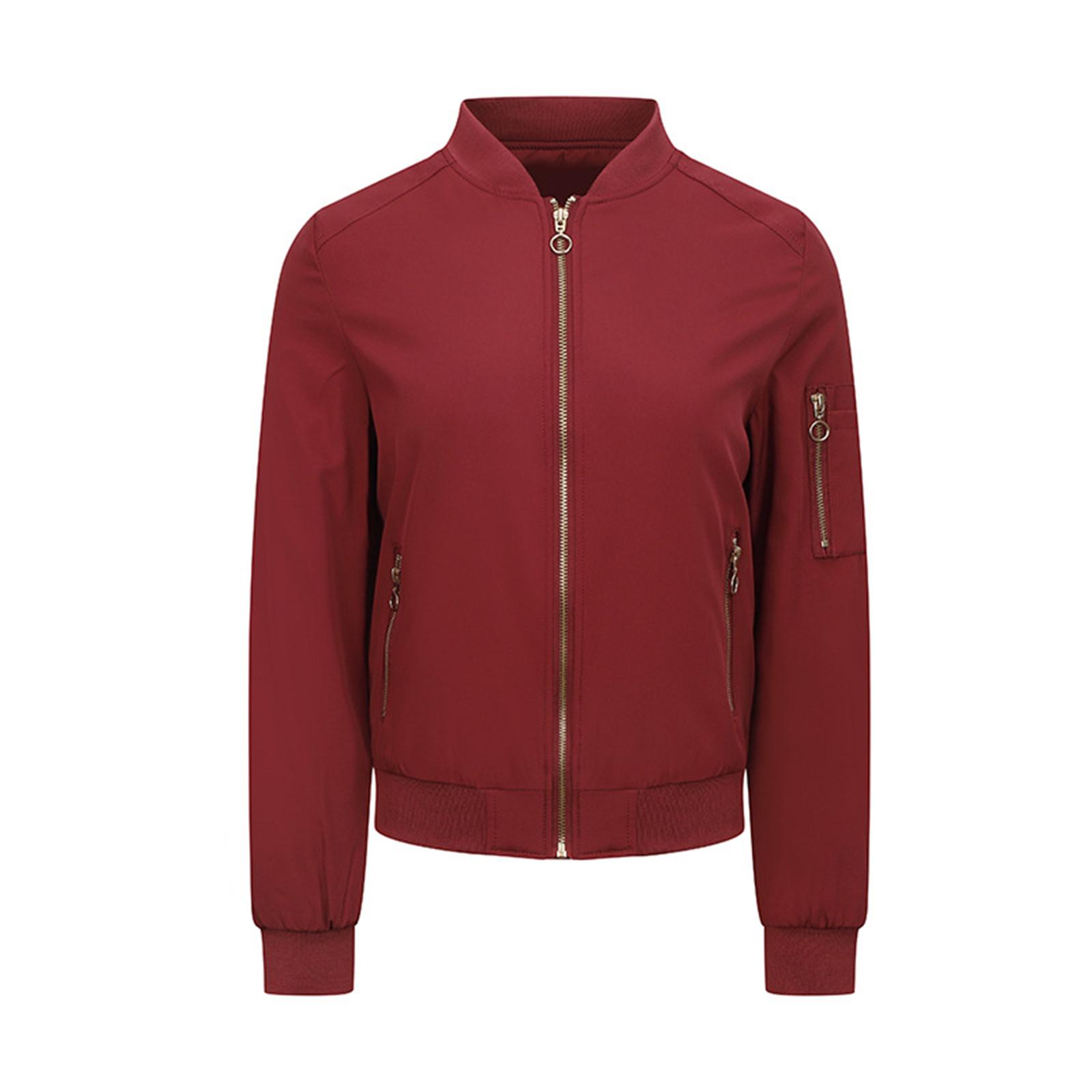 

Women s Casual Fashion Solid Color Zipper Stand Up Collar Jacket XXL винный