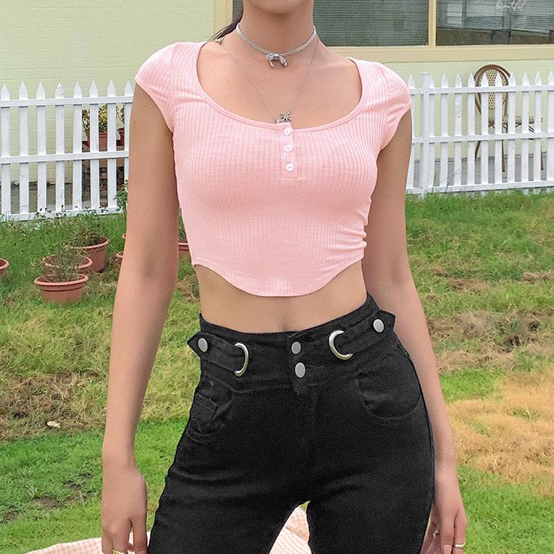 2024 European & American Fashion Women's U-Neck Short-Sleeve Slim-Fit Solid Crop Top T-Shirt