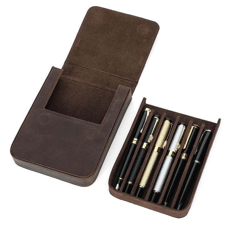 Crazy Horse Leather Handmade 6-Pen Magnetic Drawer-Style Fountain Pen Case