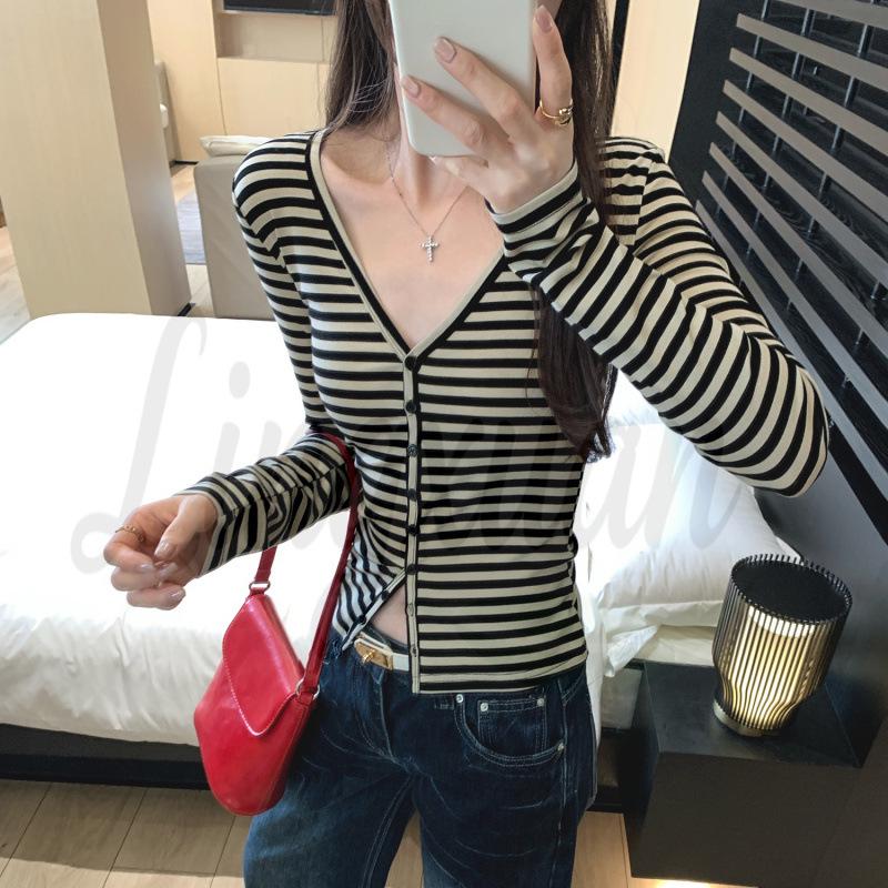 Elegant Striped V-Neck Long-Sleeve Cardigan T-Shirt for Women - Stylish Autumn 2026 Top Large