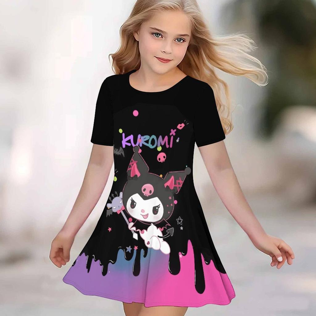 Girls 3D Print Dresses Kids Girl Party Short Sleeve Princess Dress Tank 3D Cute Cartoon Print Dress