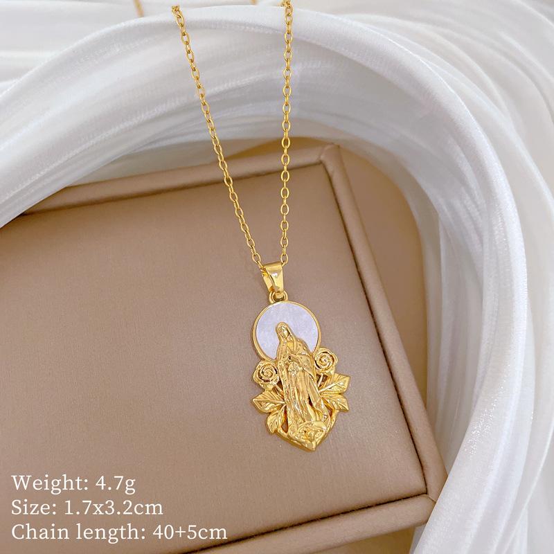 

Gold Color Classic Shell Virgin Mary Rose Flower Pendant Necklace for Women Men Stainless Steel Chain Jewelry Accessories Gifts