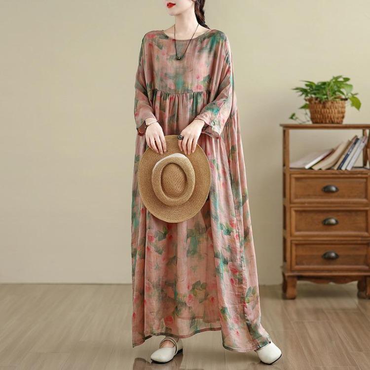 Vintage Floral Print Long Sleeve Maxi Dress for Women Plus Size Oversize Loose Casual Spring Basic Long Dress