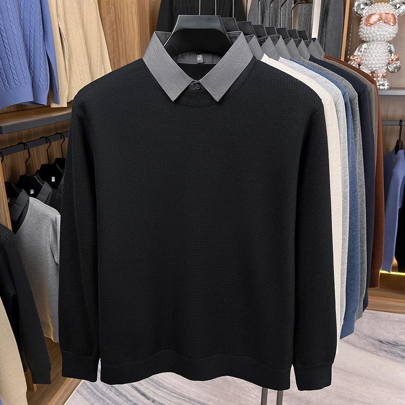 2025 Men s Warm Long-Sleeve Lapel Faux Two-Piece Fleece-Lined Casual Sweater XXXXL