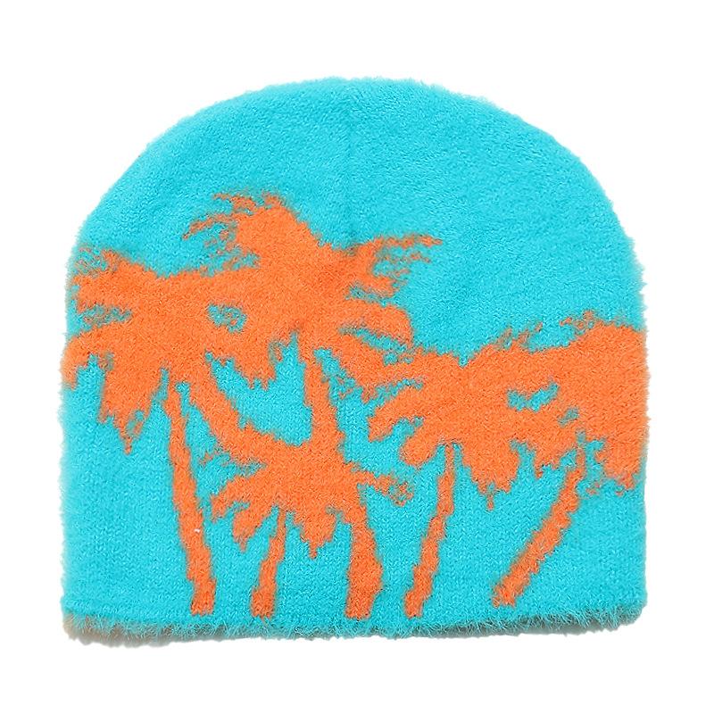 Autumn and winter thermal hat women's outdoor plush beanie hat brimless cap coconut tree jacquard wool hat imitation mink hair