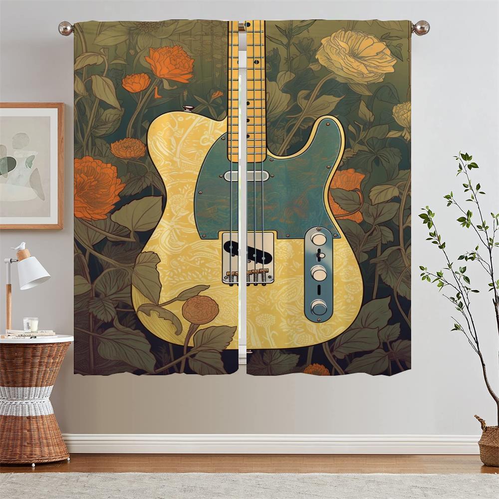 Electric Guitar Illustration Blackout Curtain Tiebacks Blind Kitchen Curtains 2 Pieces Window Curtains Home Living Room Curtain