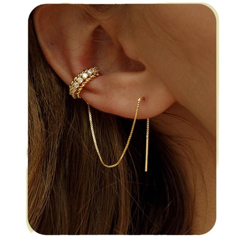 14K Gold-Plated Zircon Ear Bone Clip Long Chain Ear Wire Earrings for Women Retro Elegant Hypoallergenic Earrings Jewelry Gift