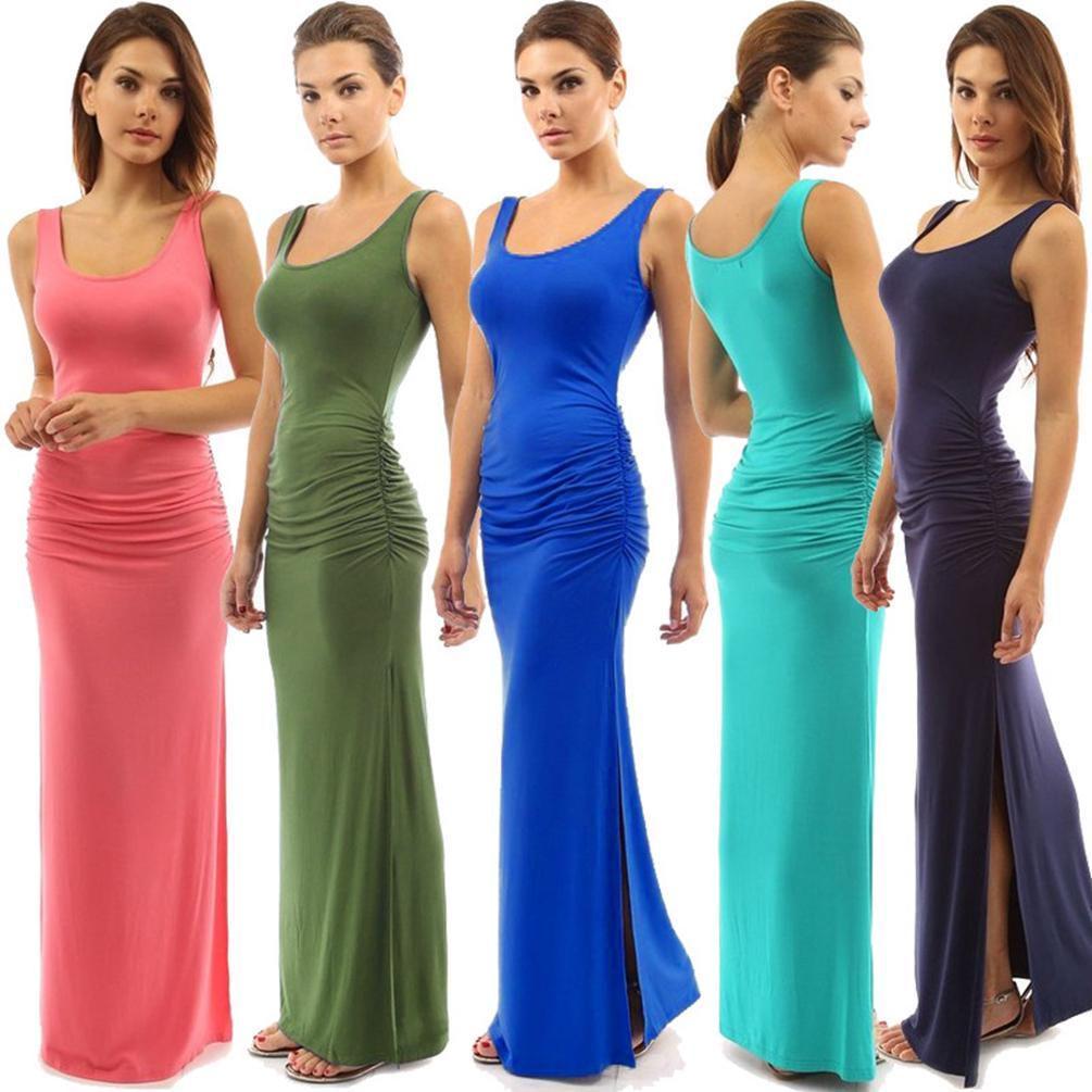 Elegant Summer Women Round Neck Slim Pleated Skirt Long Dress Sleeveless Split Swing