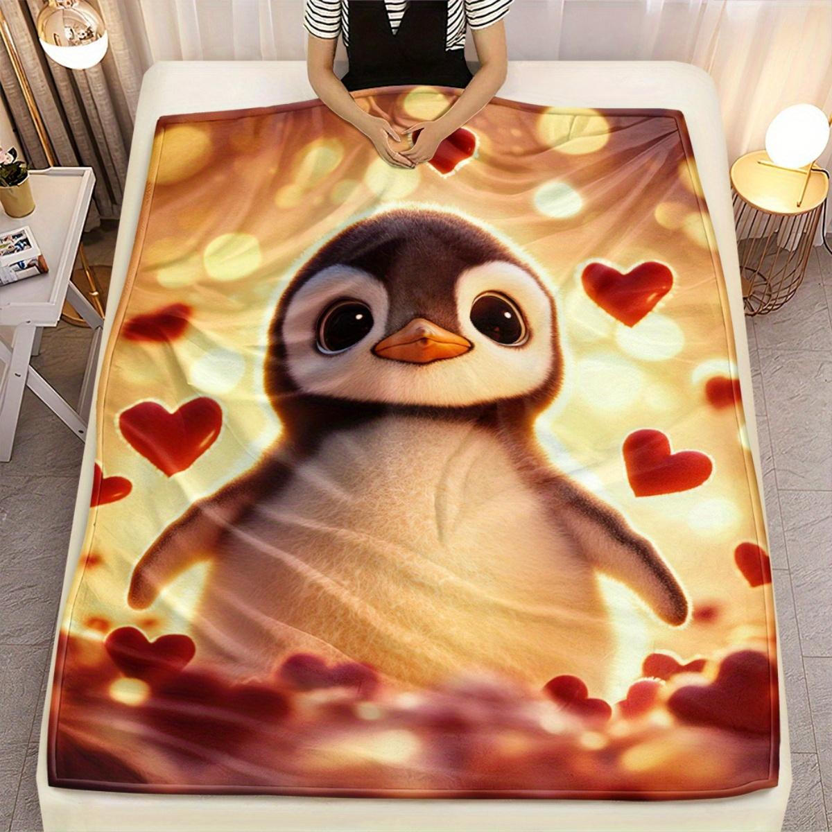 1pc Cute Penguin With Hearts Flannel Blanket Soft Warm Throw Baby Kids Room Decor Adorable Animal Print 75X95CM