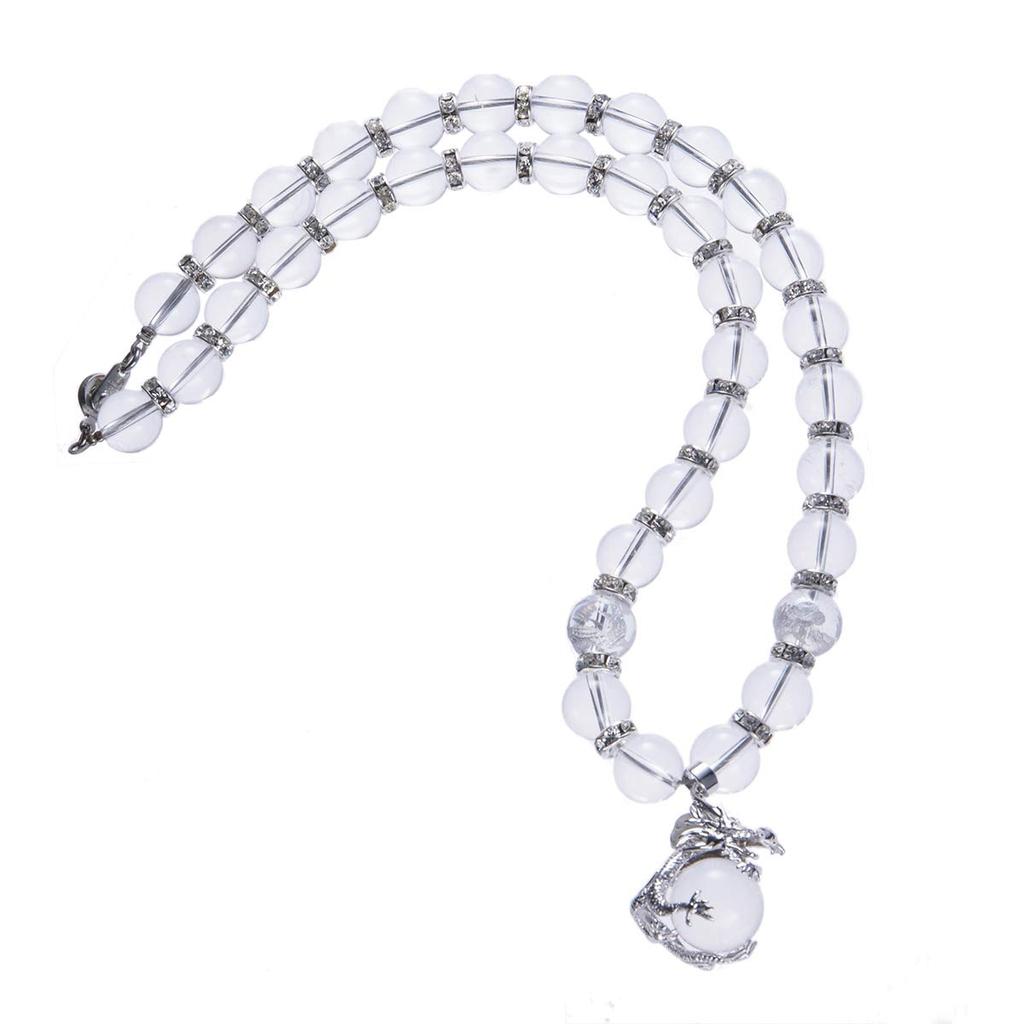 [Seki-Ki] Shining Emperor Dragon Crystal Pendant 4A Silver Carved Emperor Dragon Crystal 12mm Silver Rondelle Prayer Beads Necklace 249