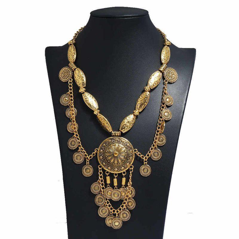 

European and American Long Exaggerated Exotic Ethnic Style Alloy Coin Necklace Retro Clavicle Multi-Layer Necklace Sweater Chain Set T387 Gold Necklace