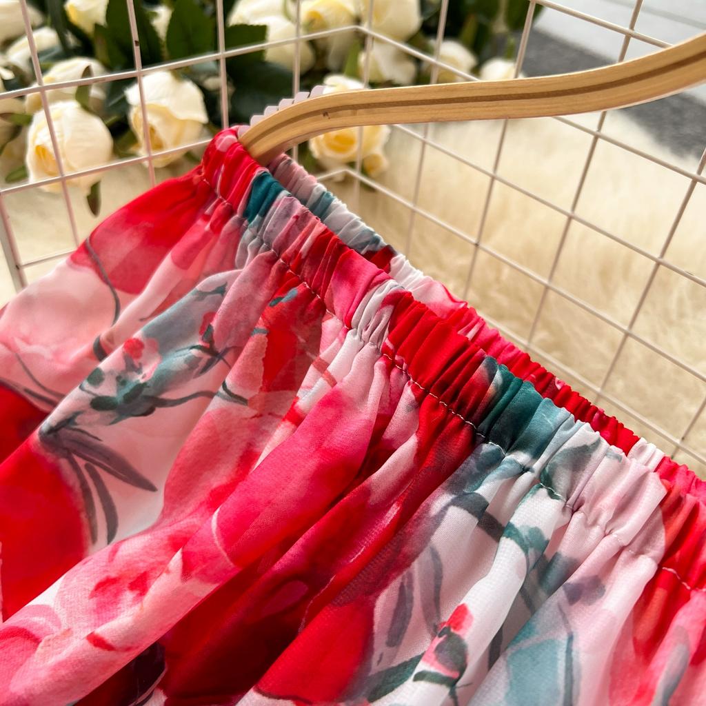 Summer Off Shoulder Gorgeous Flower Holiday Chiffon Dress Women Slash Neck Floral Print Elastic Waist Long Robes