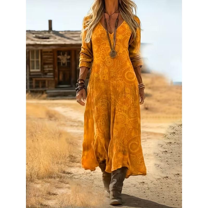 Creative Tie-dye Printing Women's New V-neck Long-sleeved Dress Medium and Long Dress