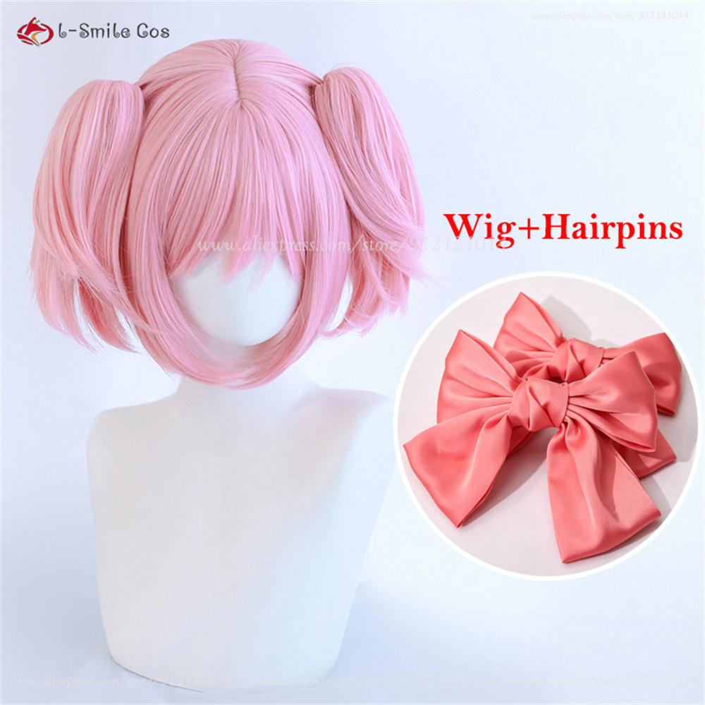 Anime Madoka Kaname Cosplay Wig Light Pink Double Ponytail Clip Wig Heat Resistant Synthetic Hair Halloween Party Wigs + Wig Cap