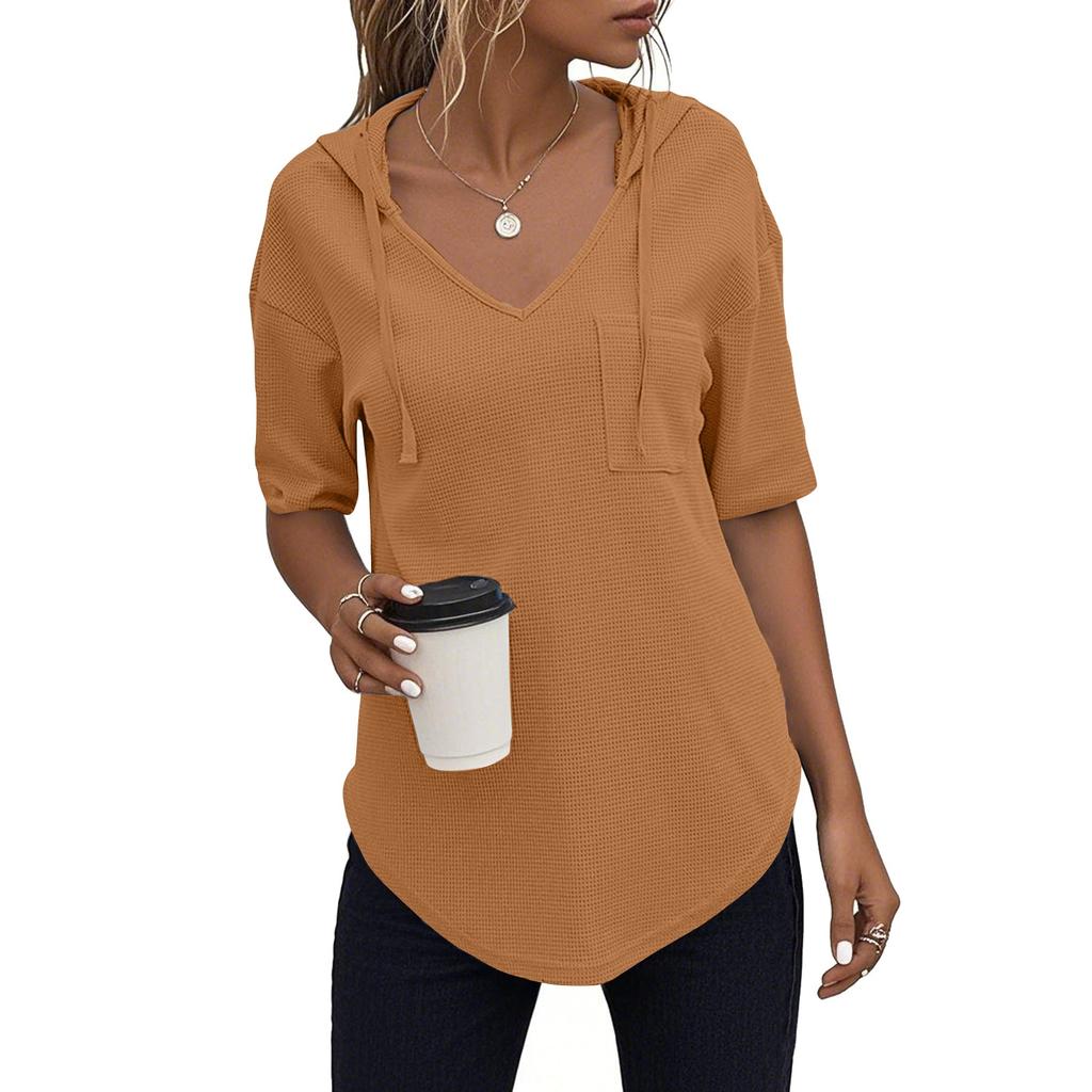 Women's Fashion Summer V-Neck T Shirt Drawstring Hooded Solid Color Short Sleeve Top