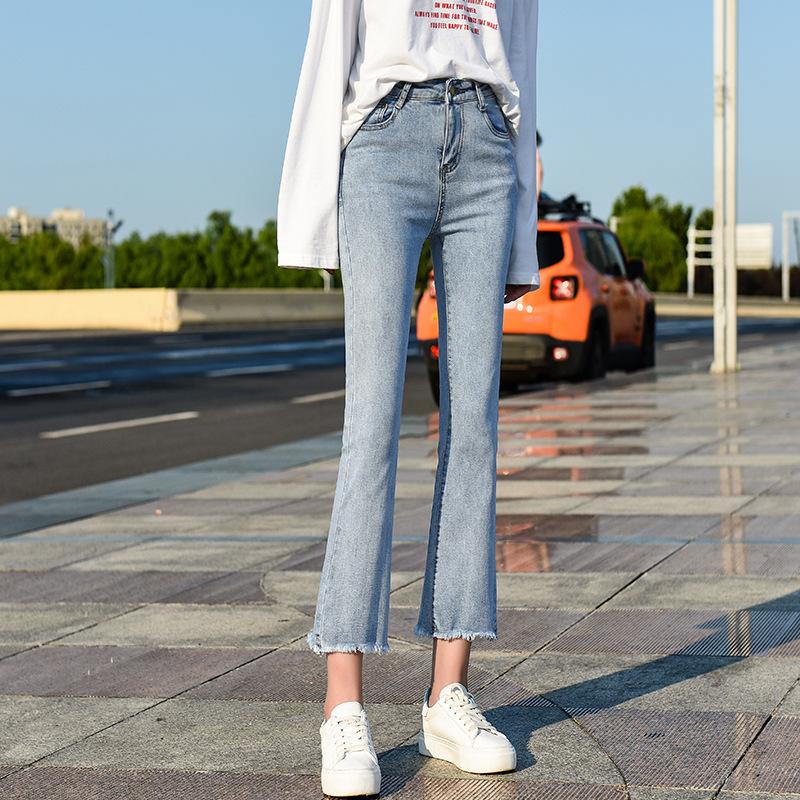 

Брюки-клеш с высокой талией, женские осенние новые девятиминутные брюки, тонкие эластичные белые джинсы с необработанными краями 32