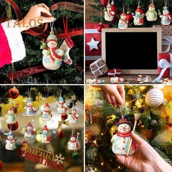 9/18 Pcs Snowman Pendant Wooden Christmas Hanging Ornament Painted Hanging Snowman with Twine for Xmas Tree Holiday Decor