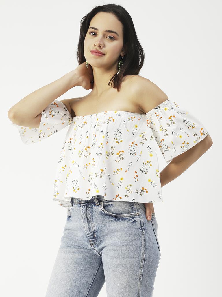Moomaya Cotton Printed Off-Shoulder Top Summer Wear Crop Top For Women