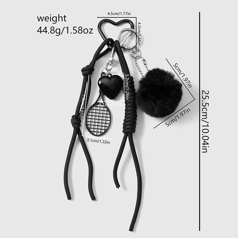Black Braided Rope Keychain Three-Dimensional Love Ball Racket Cherry Charm Pendant Keyring  Simple Bag Decoration