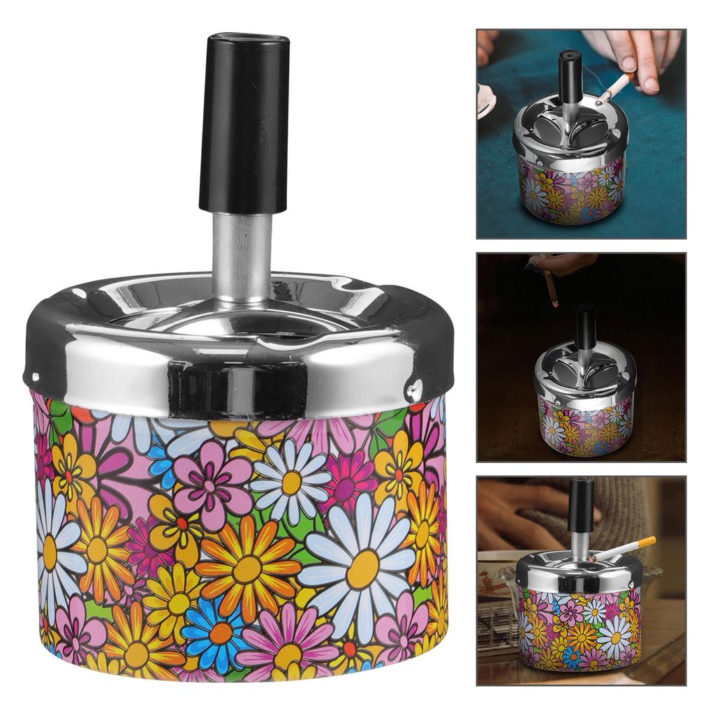 Round Iron Swivel Lid Ashtray Travel For Car Ash Holder Pattern Automatic Extinguishing Ashtray Outdoor Round Ashtray Container