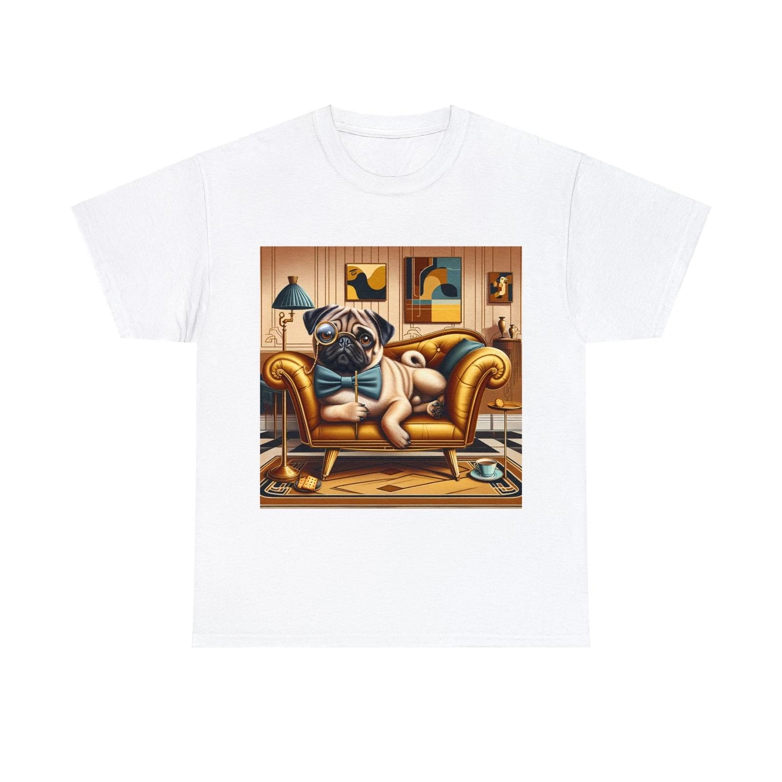 Unisex Adult T-Shirt Pug in Bow Tie Sophisticated Pet Art Deco M