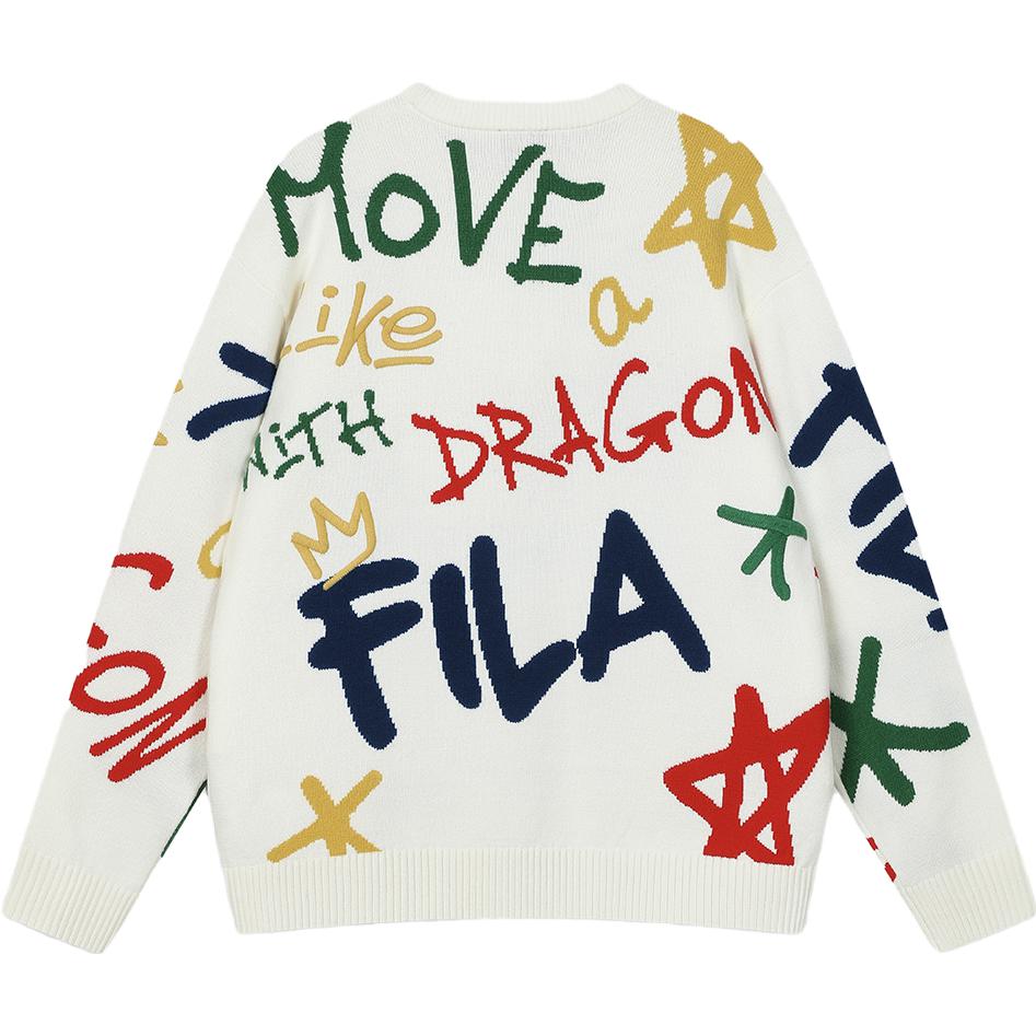 Fila Da Da Long Series Woven Color Block Fun Handwritten Pattern Knit Sweater Unisex Sweater Cloud-Mushroom-White F11U419402F-WT