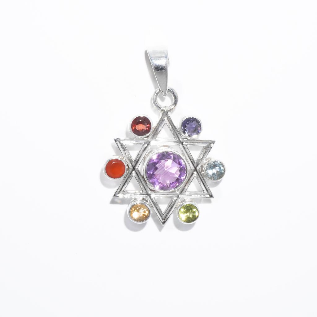 Star Chakra Pendant: 925 Sterling Silver Multi-Gemstone Healing Jewelry