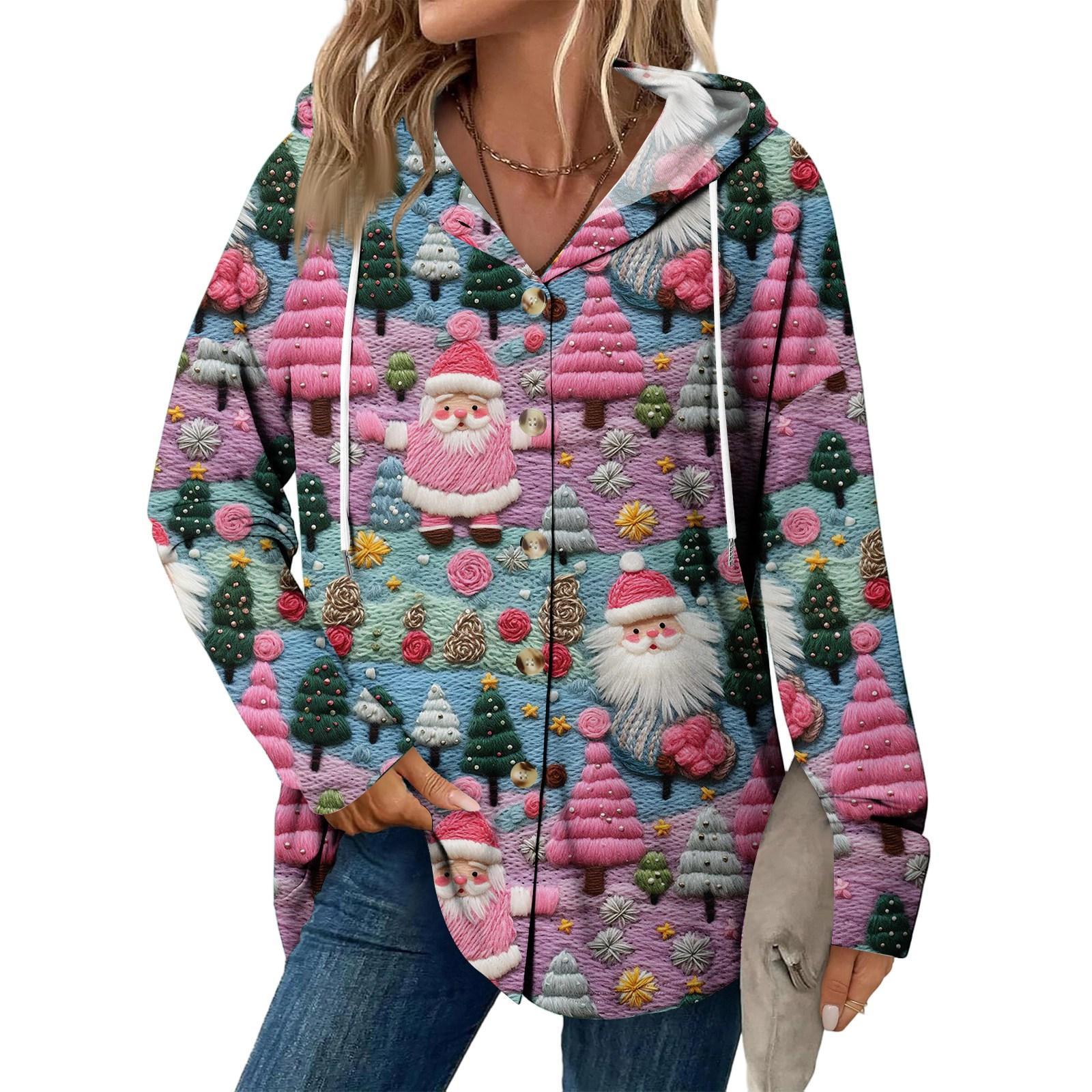 

Рождественская женская мода Повседневная куртка с длинным рукавом реглан на кулиске Винтажная куртка на пуговицах с капюшоном L