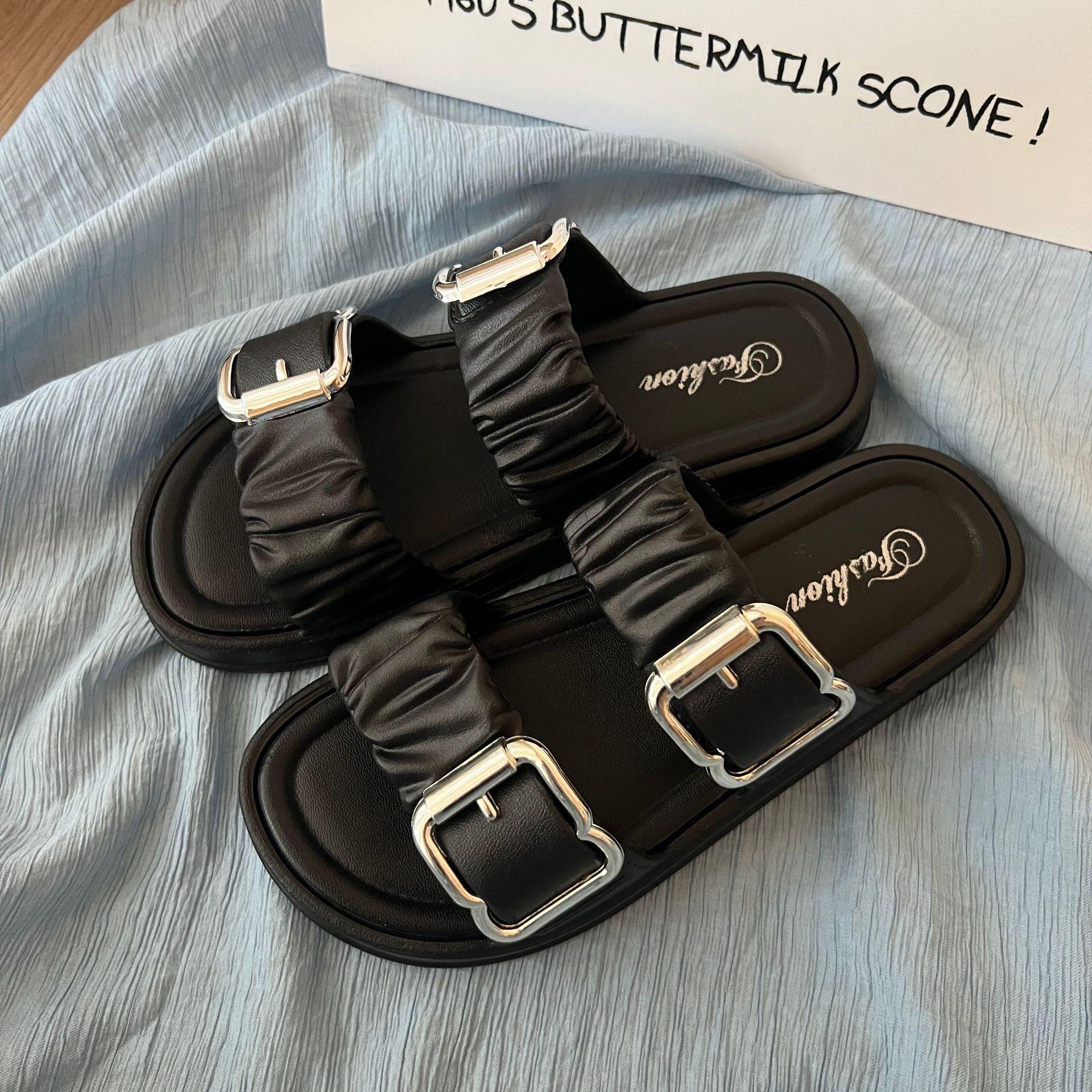 

Тапочки на толстой подошве корейской версии, повседневные женские, с пряжкой, пляжные, полутачные, в римском стиле, юбка в тон, лето, новый стиль 36-37