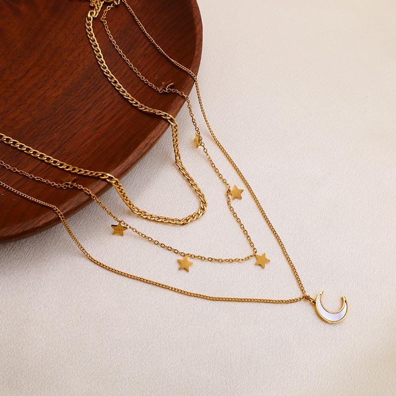French Custom Three-Layer Stainless Steel Necklace Female, Personalized Trend Star Moon Titanium Steel Necklace