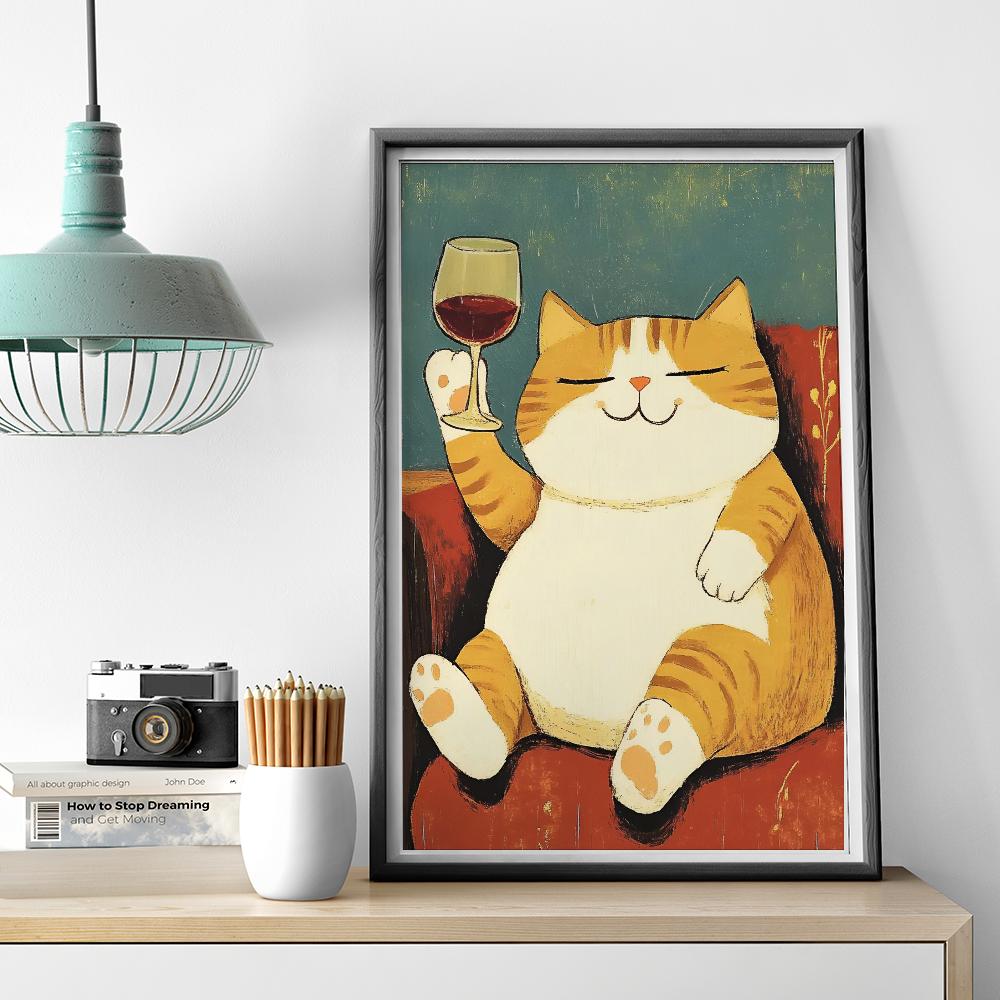 1ks Moderní Kočka Pije Víno Vtipné Zvíře Rostlina Plakát HD Plakáty Domácí Pokoj Bar Kavárna Dekorace Umění Nástěnná Malba Obrázek