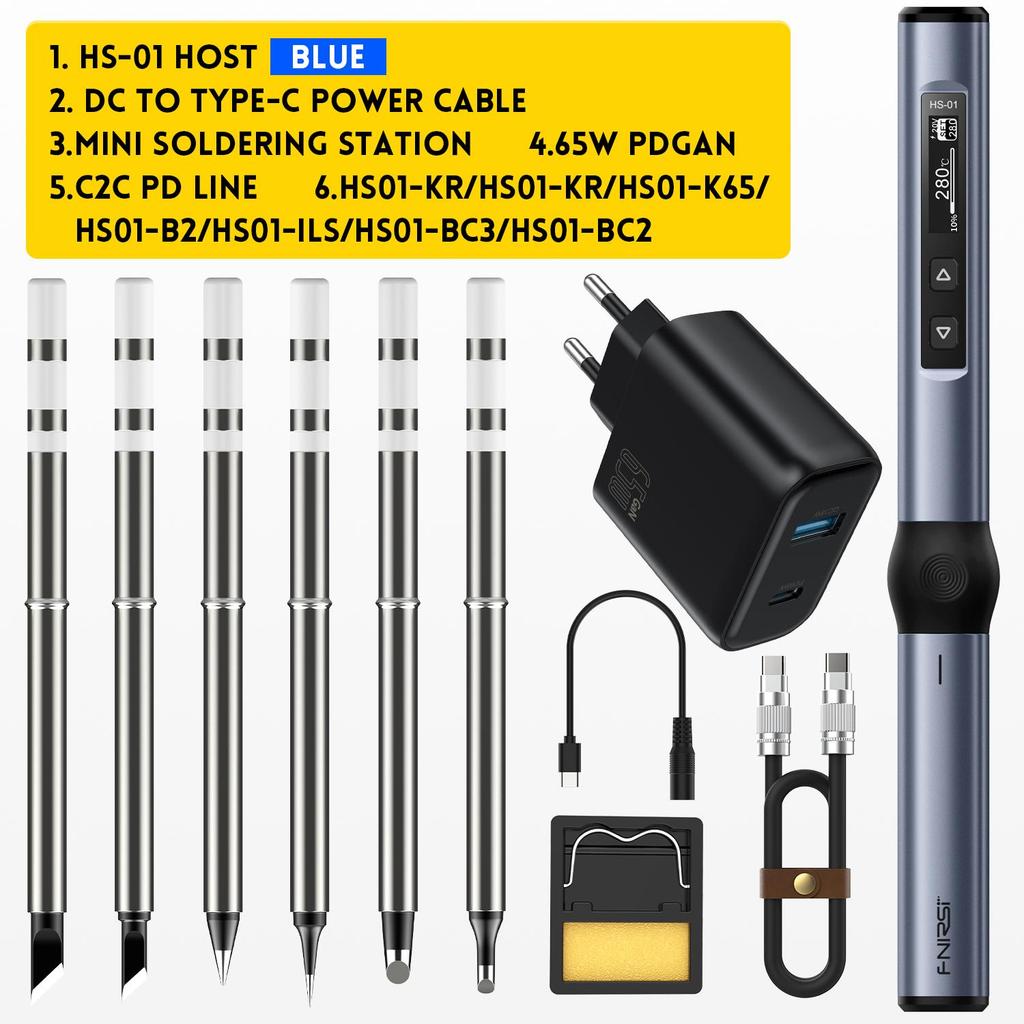 FNIRSI HS-01 מלחם חשמלי חכם PD 65W מתכוונן טמפרטורה קבועה בחום מהיר תחנת תחנת מלחם ניידת